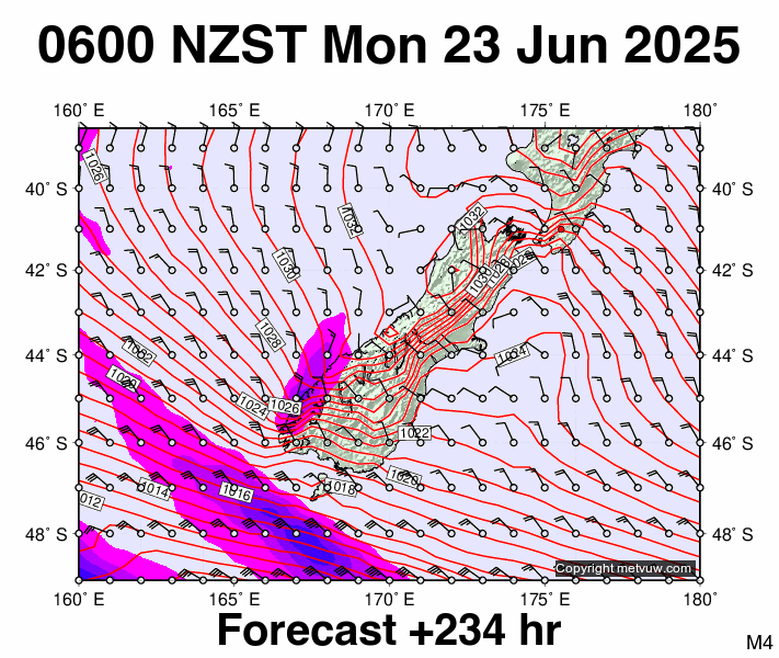 South Island forecast chart for Sunday, June 22nd, 2025 at 6:00 PM