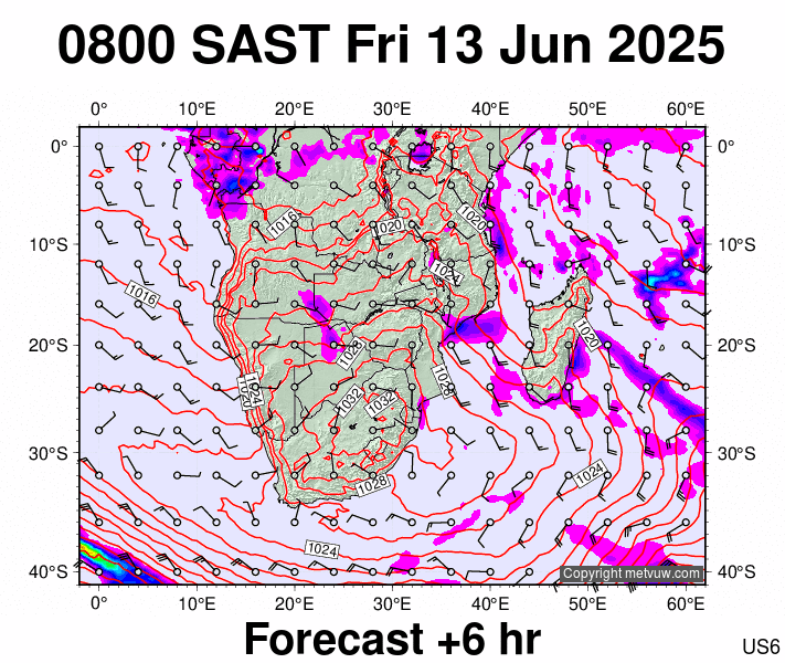 South Africa forecast chart for Friday, June 13th, 2025 at 6:00 AM