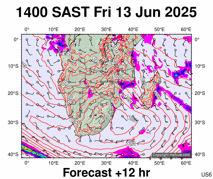 South Africa forecast chart for Friday, June 13th, 2025 at 12:00 PM