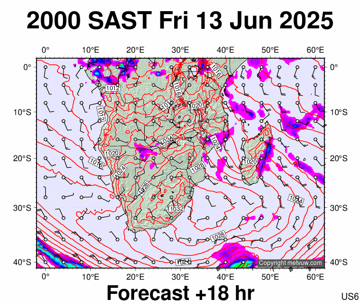 South Africa forecast chart for Friday, June 13th, 2025 at 6:00 PM