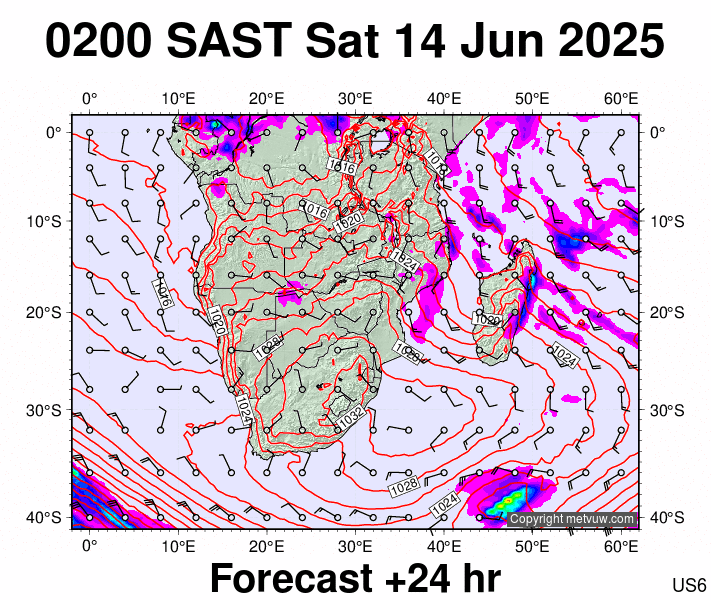South Africa forecast chart for Saturday, June 14th, 2025 at 12:00 AM