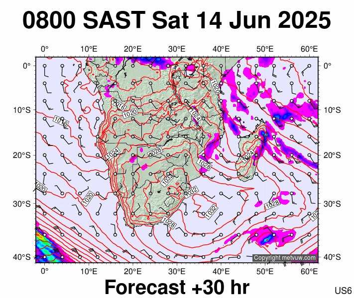 South Africa forecast chart for Saturday, June 14th, 2025 at 6:00 AM