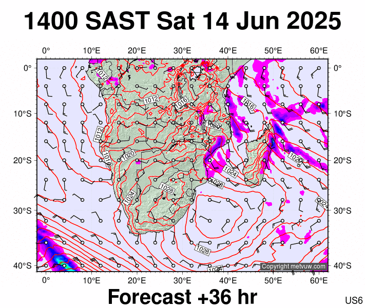 South Africa forecast chart for Saturday, June 14th, 2025 at 12:00 PM
