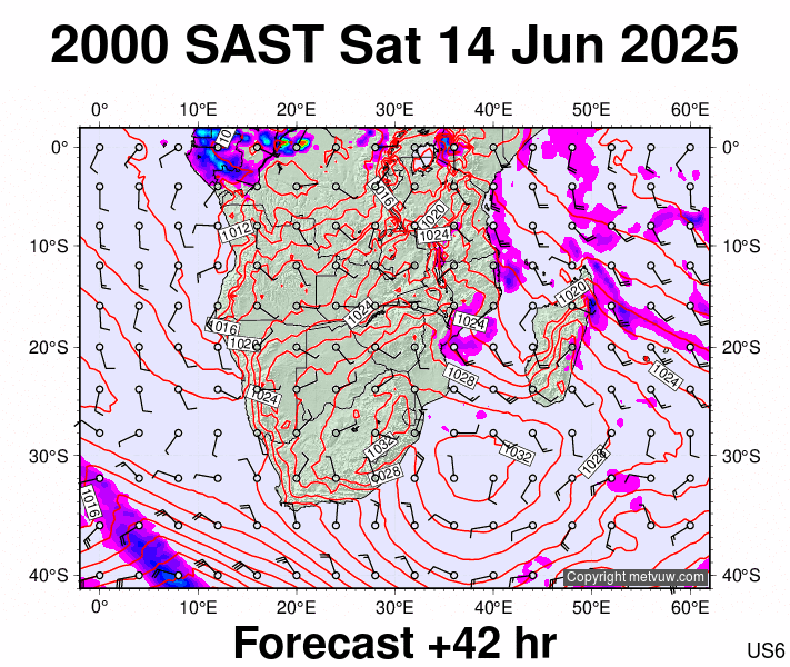 South Africa forecast chart for Saturday, June 14th, 2025 at 6:00 PM