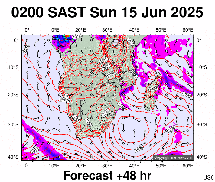 South Africa forecast chart for Sunday, June 15th, 2025 at 12:00 AM