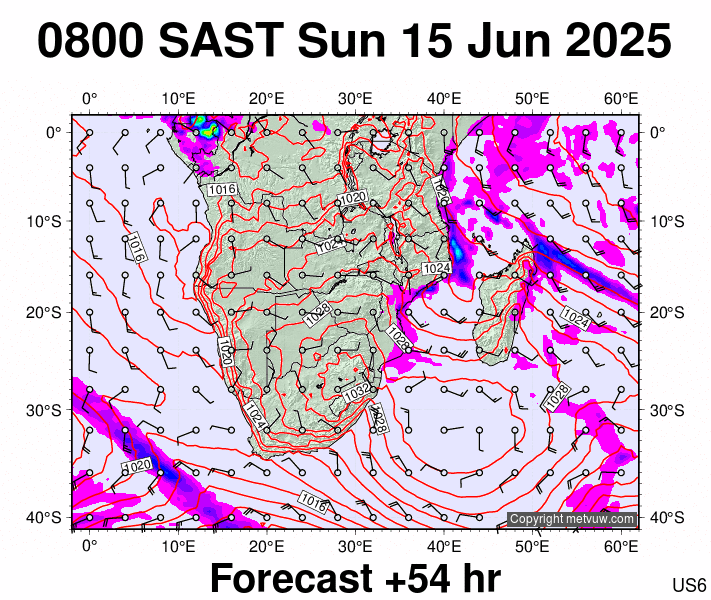 South Africa forecast chart for Sunday, June 15th, 2025 at 6:00 AM