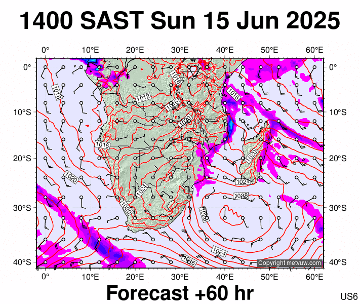 South Africa forecast chart for Sunday, June 15th, 2025 at 12:00 PM