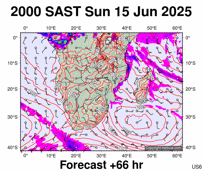 South Africa forecast chart for Sunday, June 15th, 2025 at 6:00 PM