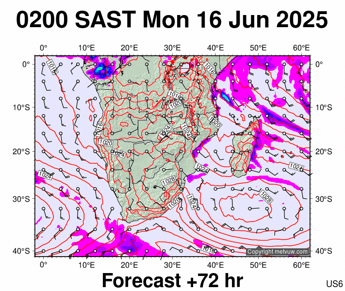 South Africa forecast chart for Monday, June 16th, 2025 at 12:00 AM