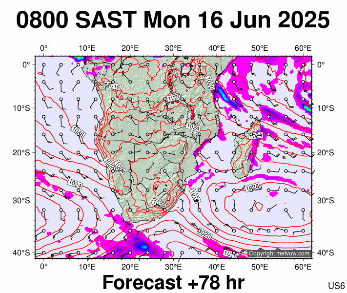 South Africa forecast chart for Monday, June 16th, 2025 at 6:00 AM