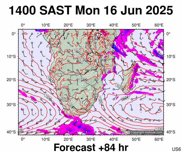 South Africa forecast chart for Monday, June 16th, 2025 at 12:00 PM