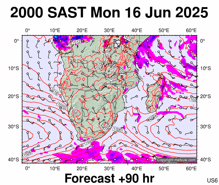 South Africa forecast chart for Monday, June 16th, 2025 at 6:00 PM