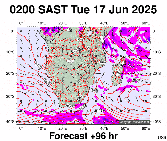 South Africa forecast chart for Tuesday, June 17th, 2025 at 12:00 AM