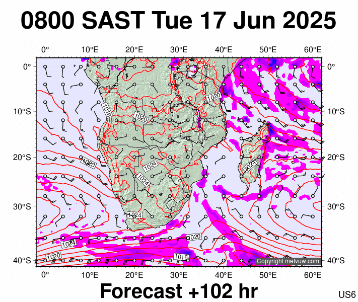 South Africa forecast chart for Tuesday, June 17th, 2025 at 6:00 AM