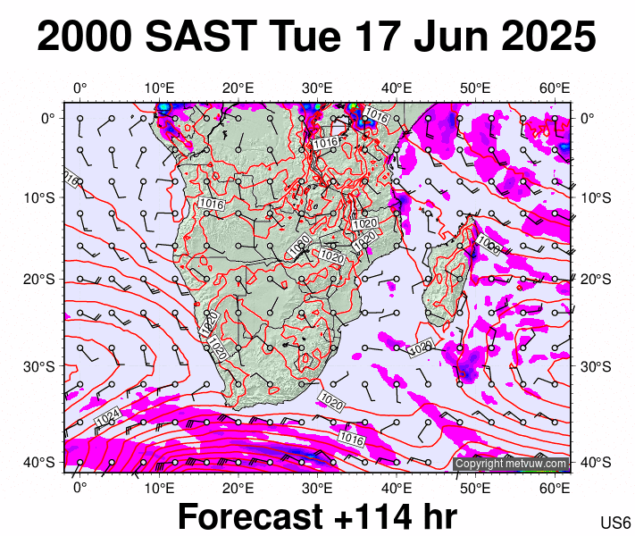 South Africa forecast chart for Tuesday, June 17th, 2025 at 6:00 PM