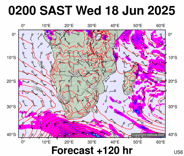 South Africa forecast chart for Wednesday, June 18th, 2025 at 12:00 AM