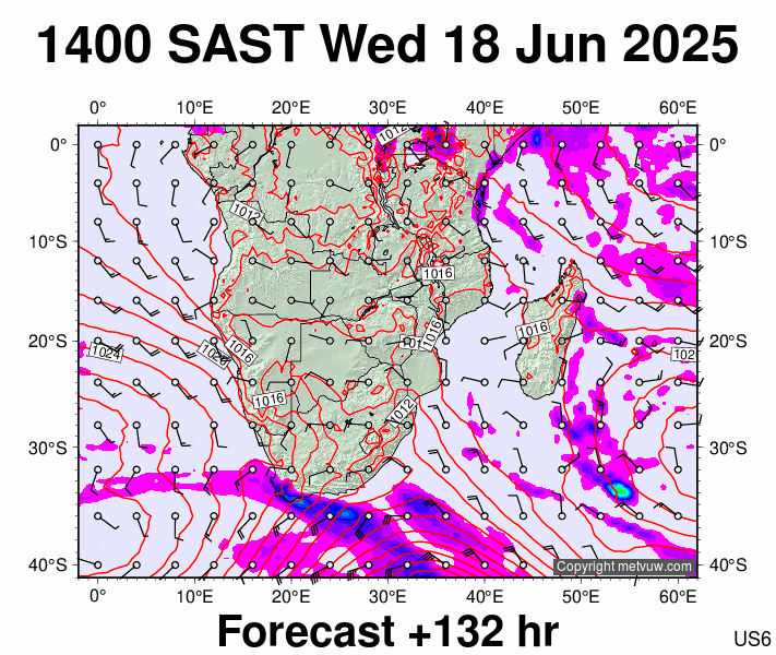 South Africa forecast chart for Wednesday, June 18th, 2025 at 12:00 PM