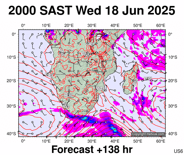 South Africa forecast chart for Wednesday, June 18th, 2025 at 6:00 PM