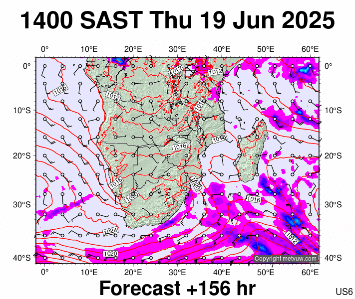 South Africa forecast chart for Thursday, June 19th, 2025 at 12:00 PM