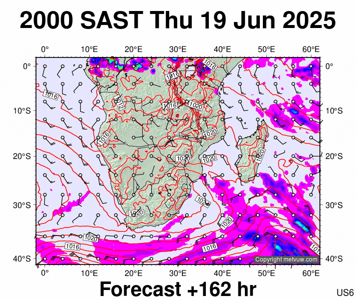 South Africa forecast chart for Thursday, June 19th, 2025 at 6:00 PM