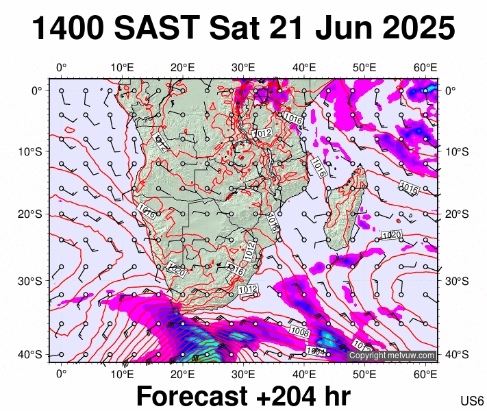 South Africa forecast chart for Saturday, June 21st, 2025 at 12:00 PM