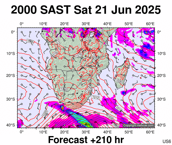 South Africa forecast chart for Saturday, June 21st, 2025 at 6:00 PM