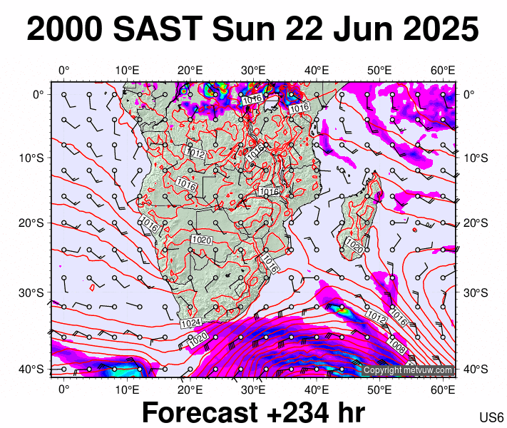 South Africa forecast chart for Sunday, June 22nd, 2025 at 6:00 PM