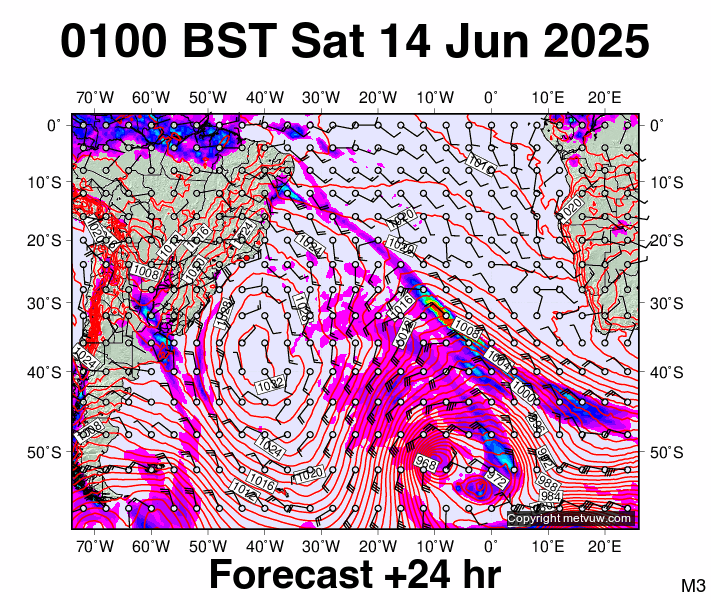 South Atlantic forecast chart for Saturday, June 14th, 2025 at 12:00 AM