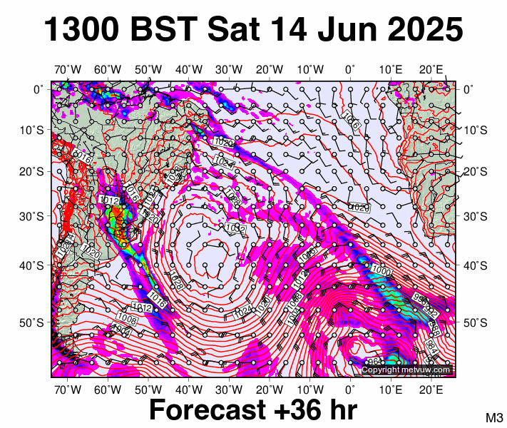 South Atlantic forecast chart for Saturday, June 14th, 2025 at 12:00 PM