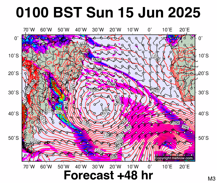 South Atlantic forecast chart for Sunday, June 15th, 2025 at 12:00 AM