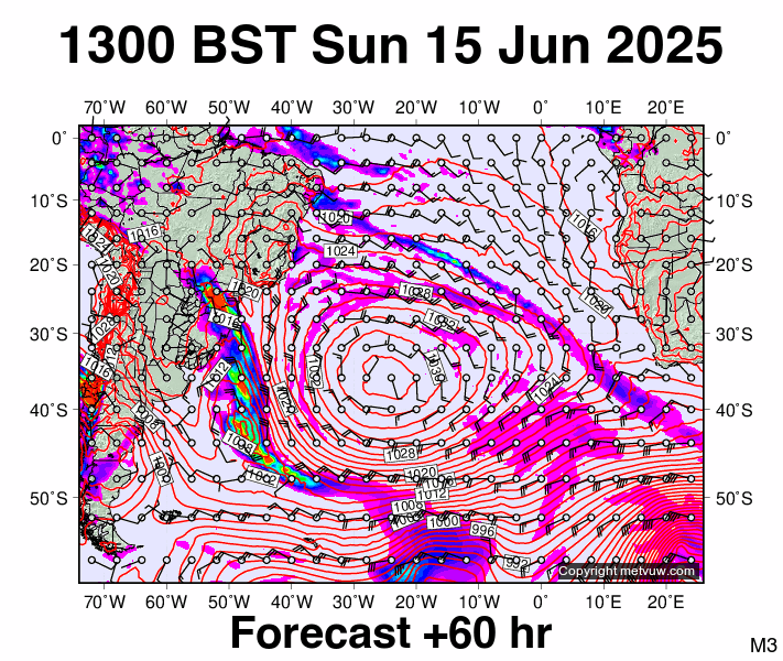 South Atlantic forecast chart for Sunday, June 15th, 2025 at 12:00 PM