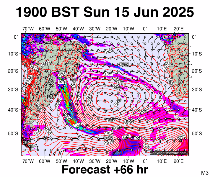 South Atlantic forecast chart for Sunday, June 15th, 2025 at 6:00 PM