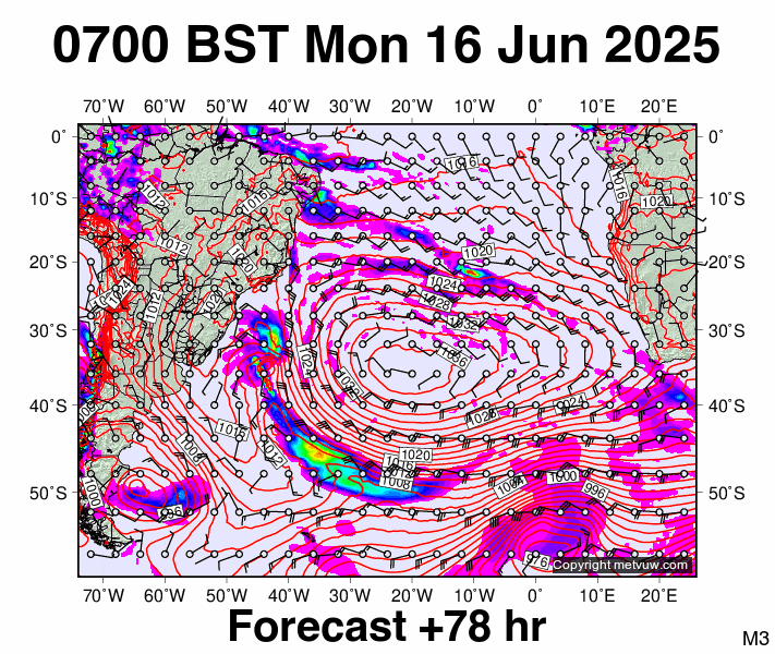 South Atlantic forecast chart for Monday, June 16th, 2025 at 6:00 AM