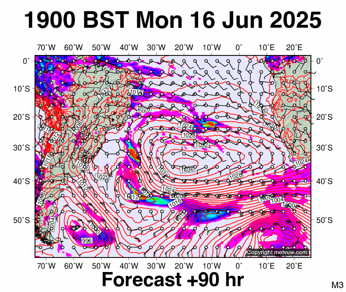 South Atlantic forecast chart for Monday, June 16th, 2025 at 6:00 PM