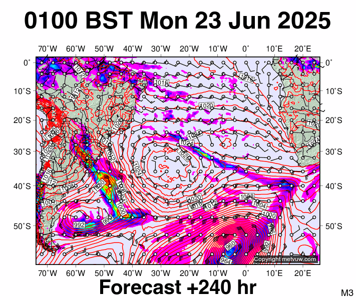 South Atlantic forecast chart for Monday, June 23rd, 2025 at 12:00 AM