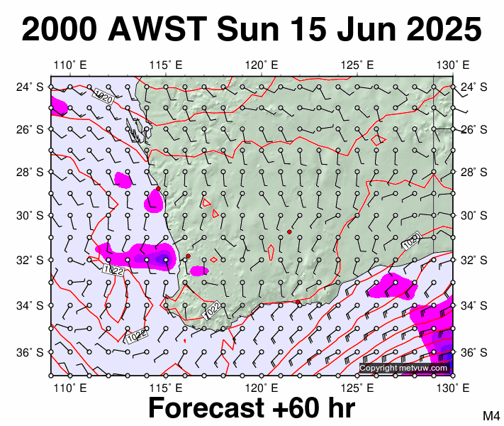 Perth forecast chart for Sunday, June 15th, 2025 at 12:00 PM