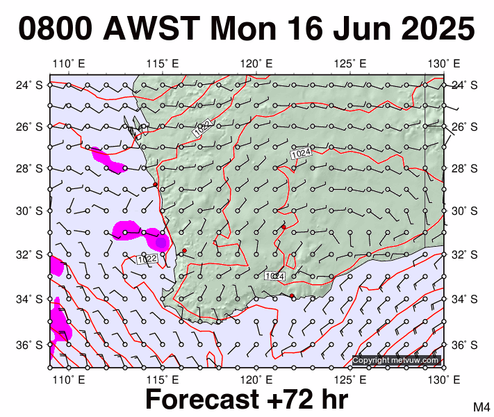 Perth forecast chart for Monday, June 16th, 2025 at 12:00 AM