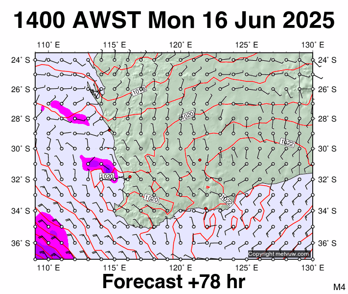 Perth forecast chart for Monday, June 16th, 2025 at 6:00 AM