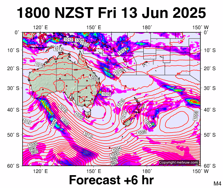 South West Pacific forecast chart for Friday, June 13th, 2025 at 6:00 AM