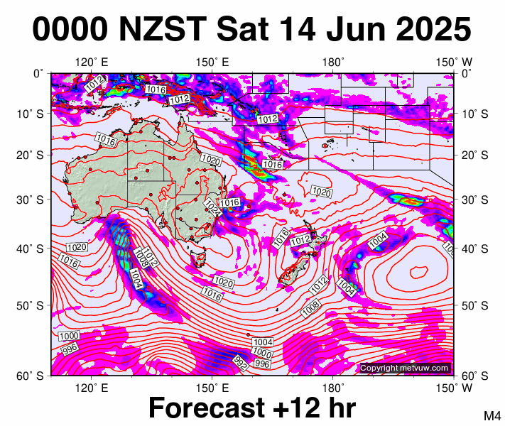 South West Pacific forecast chart for Friday, June 13th, 2025 at 12:00 PM