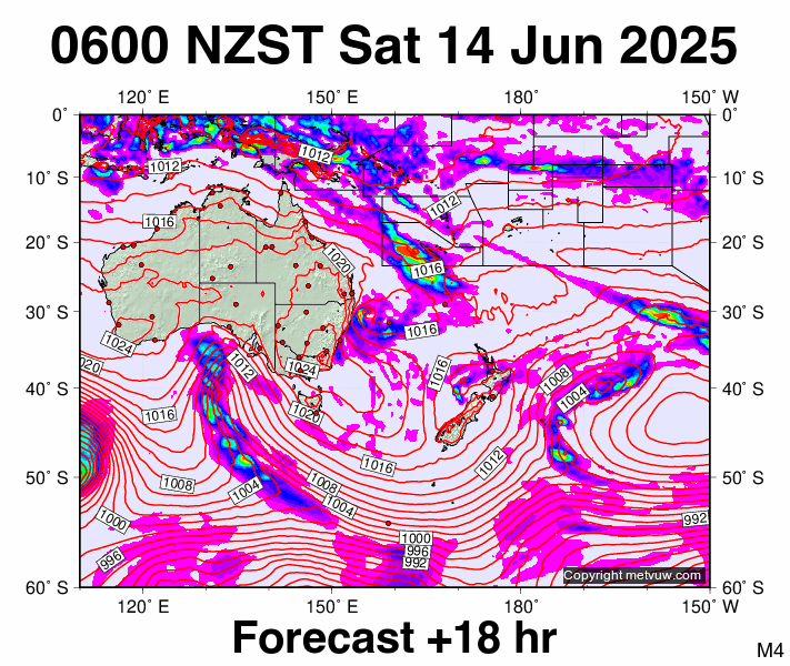 South West Pacific forecast chart for Friday, June 13th, 2025 at 6:00 PM