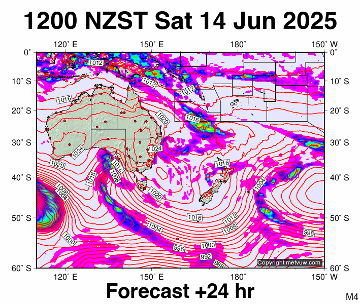 South West Pacific forecast chart for Saturday, June 14th, 2025 at 12:00 AM
