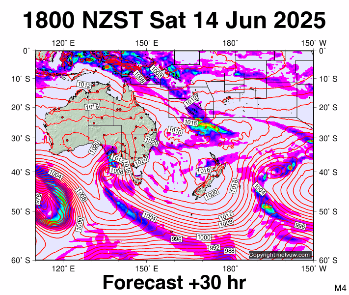 South West Pacific forecast chart for Saturday, June 14th, 2025 at 6:00 AM