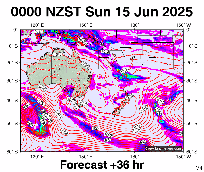 South West Pacific forecast chart for Saturday, June 14th, 2025 at 12:00 PM