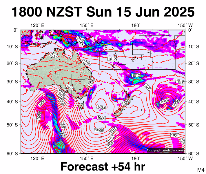 South West Pacific forecast chart for Sunday, June 15th, 2025 at 6:00 AM