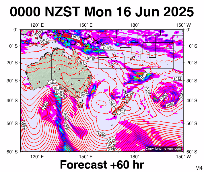 South West Pacific forecast chart for Sunday, June 15th, 2025 at 12:00 PM