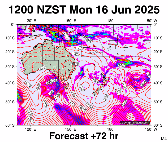South West Pacific forecast chart for Monday, June 16th, 2025 at 12:00 AM