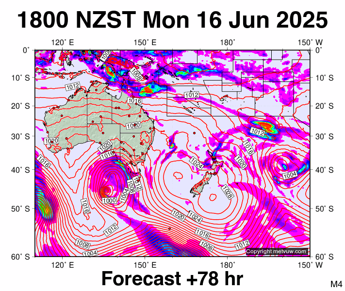 South West Pacific forecast chart for Monday, June 16th, 2025 at 6:00 AM