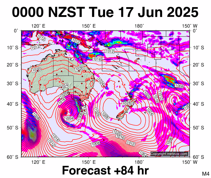 South West Pacific forecast chart for Monday, June 16th, 2025 at 12:00 PM