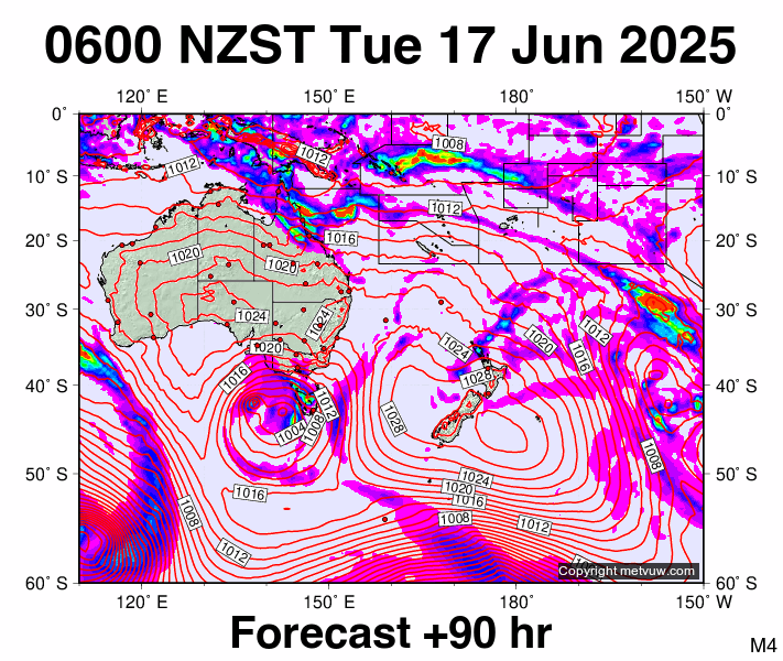 South West Pacific forecast chart for Monday, June 16th, 2025 at 6:00 PM